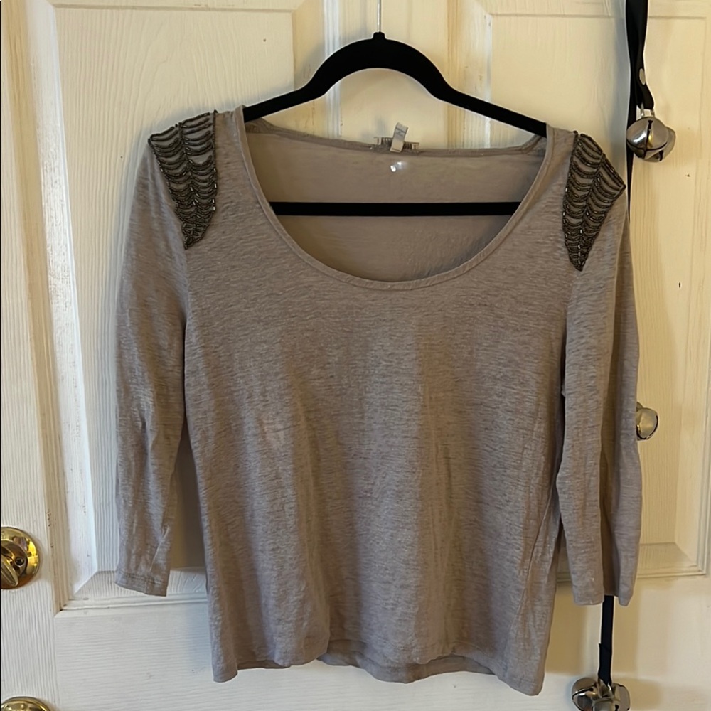 Joie Gray Blouse with 3/4 Sleeves and Embellished Shoulders